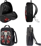 3 Pcs Elephant Red White Plumeria Flowers Print Travel Backpack for Women, Black Bookbag Waterproof School Bag Insulated Lunch Box Aesthetic Cosmetic Makeup Bag Stationery Pouch Bag