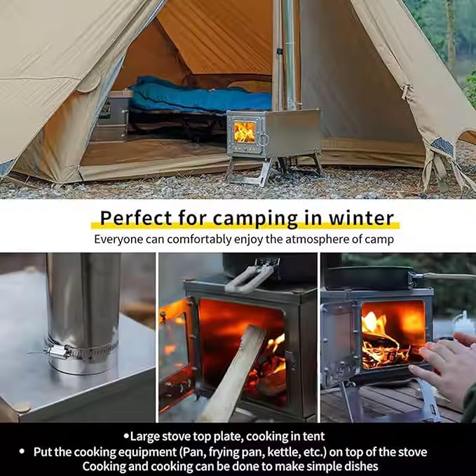Portable Wood-Burning Stove for Camping with Backpack and 8.6 ft Chimney Pipe; Lightweight and Foldable for Tent, Hunting, Ice Fishing, Travel; Ideal Gift for Campers, Outdoor Accessories