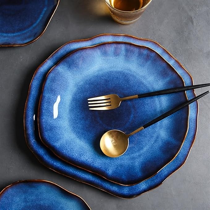 Camping Plates Creative Ceramic Dinner Plate Dark Blue Irregular Tablet Home Restaurant Western Plate Kitchen Decoration Tableware Decorative Plate(31cm)