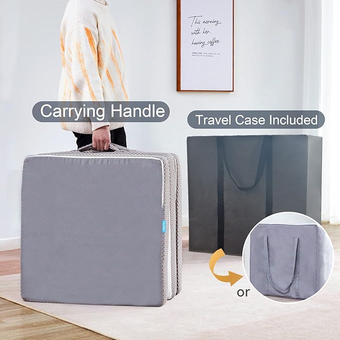 Kingfun Foldable Mattress 4 Inch Folding Mattress Tri-fold Gel Memory Foam Breathable with Storage Bag, Portable Floor Guest Bed Soft for Sleeping Camping, Gray, Twin Size