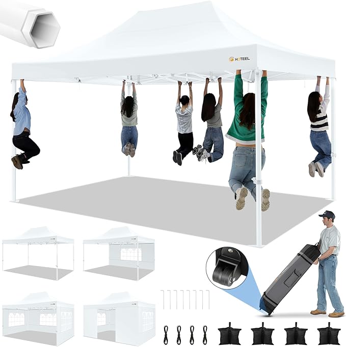 HOTEEL Canopy Tent 10x15 Heavy Duty Pop Up Canopy with Sidewalls, Party Tent with Roller Bag for Event Wedding, Upgraded Commercial Waterproof Instant Canopy, Thick Hexagonal Legs, UPF50+, White