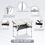 VINGLI Small Folding Table Portable 2FT Aluminum Foldable Camping Table for Picnic Card Table with 3 Adjustable Height & Carry Handle for Outdoor Indoor Hiking Camp BBQ Beach-White