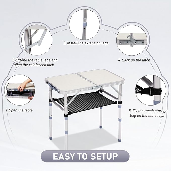 VINGLI Small Folding Table Portable 2FT Aluminum Foldable Camping Table for Picnic Card Table with 3 Adjustable Height & Carry Handle for Outdoor Indoor Hiking Camp BBQ Beach-White