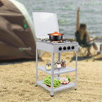 4 Burner Gas Stove, Portable Outdoor Stove with Double storage shelves and Independent Knobs, Heavy Duty Propane Gas Cooker with Wind Blocking Cover for Outdoor Camping BBQ(White)