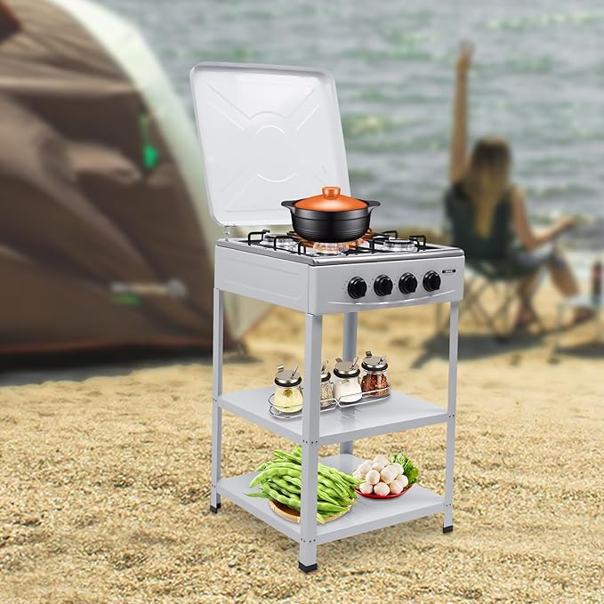 4 Burner Gas Stove, Portable Outdoor Stove with Double storage shelves and Independent Knobs, Heavy Duty Propane Gas Cooker with Wind Blocking Cover for Outdoor Camping BBQ(White)