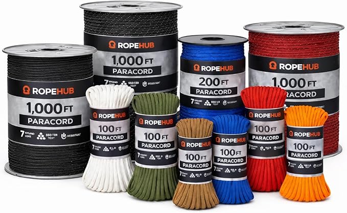 RopeHub 550 Paracord – 7 Strand Core Nylon Parachute Cord, 550 lb Test – Durable Utility Cord for Camping, Survival, DIY, Gear, Tents, Tarps – Multiple Colors & Lengths