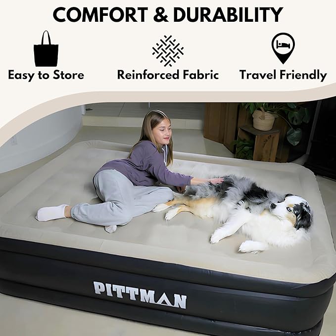 Pittman Outdoors - 20" Luxury Air Mattress Queen with Built in Pump, Premium Comfort Queen Size Blow up Mattress, 700lb Capacity - Ideal for Home Visits, Guests, Travel or Camping, Includes Carry Bag