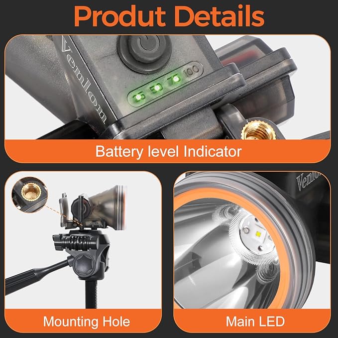 Rechargeable Diving Headlamp, IPX8 Waterproof Underwater Flashlight, 4 Modes with Battery Level Indicator,10H Runtime Scuba Dive Light with Battery & USB Charger Cable (Mode302 White Light)