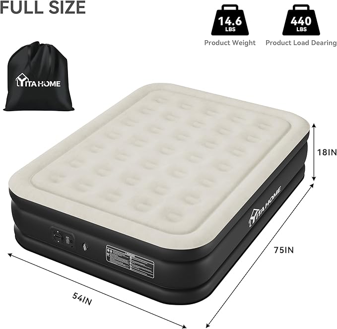 YITAHOME Full Air Mattress with Built-in Pump, 18-Inch Foldable Inflatable Bed with Carry Bag and Repair Patch, Deluxe Raised Air Mattress for Home, Travel, and Camping, Black