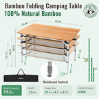 KingCamp Bamboo Folding Camping Table Adjustable. Supports 176lbs with A Premium Bamboo Top and 3 Adjustable Heights, Ideal for Stable Dining or Cooking at Picnics, RVs, and Glamping Sites