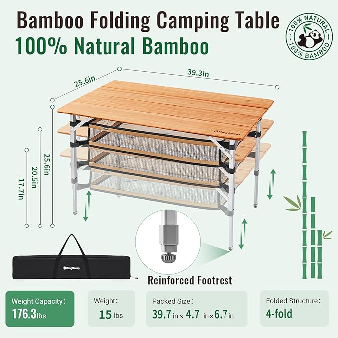 KingCamp Bamboo Folding Camping Table Adjustable. Supports 176lbs with A Premium Bamboo Top and 3 Adjustable Heights, Ideal for Stable Dining or Cooking at Picnics, RVs, and Glamping Sites