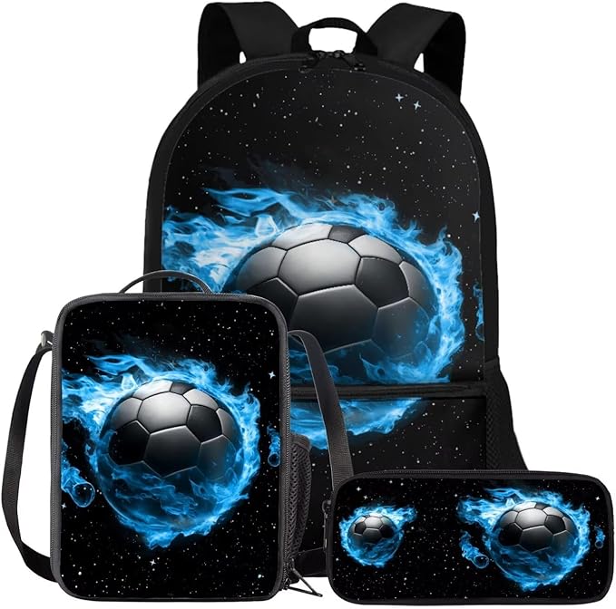 Rnyleeg Soccer Backpack for Kids 3-6 Cool Boys Bookbag Set with Lunch Box Large Capacity School Bag Set 3 Pcs for Primary School Casual Backpack with Accessories