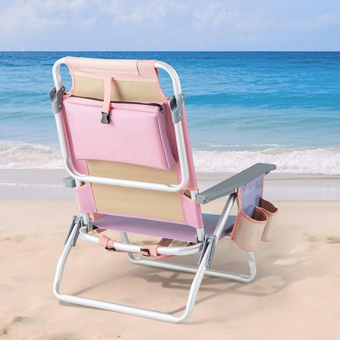 GYMAX Beach Chairs, Backpack Camping Chair with Armrest, Cooler Bag, Cup Holder, Towel Bar & Side Pockets, Sunbath Sling Tanning Lounge, Folding Layout Chair (4 Chairs Without Table, Pink)