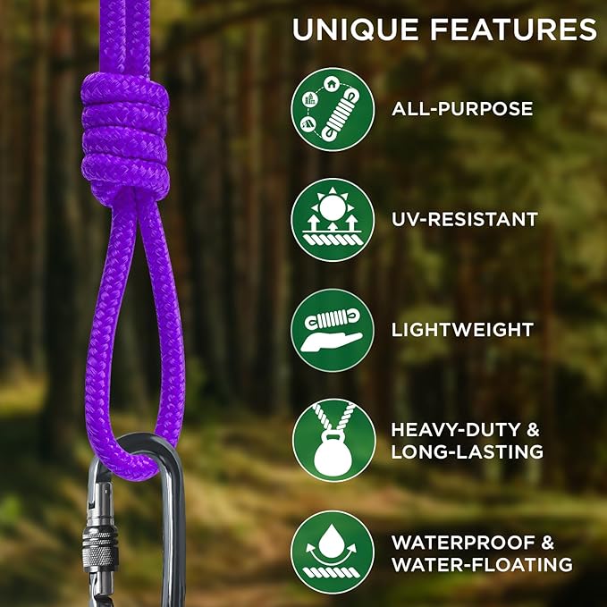 TECEUM Rope – 150 Feet x 1/4 Inch (7mm) – Purple – Strong All-Purpose Utility Rope – Camping, Crafting, Flag Pole, Indoor & Outdoor – Polypropylene Nylon Poly Lightweight Diamond Braided Cord