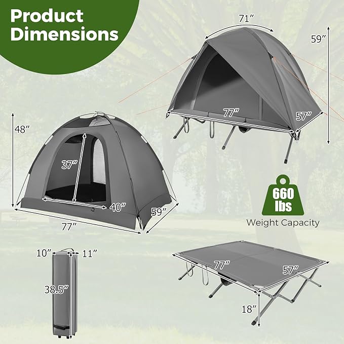 Tangkula 2 Person Tent Cot, Portable Off Ground Elevated Camping Tent with Cot, Removable Rainfly, Wheeled Bag, Stakes & Wind Ropes for Beach, Picnic, Hiking, Travel
