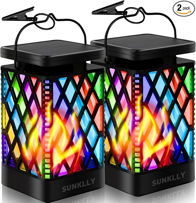 Solar Lanterns-Sunklly Hanging Solar Lights Color Changing & Fixed 9 Modes Waterproof Hanging Lanterns Outdoor Lights Flickering Flame Camping Lanterns Decoration for Garden Patio Pathway(2 Pack)