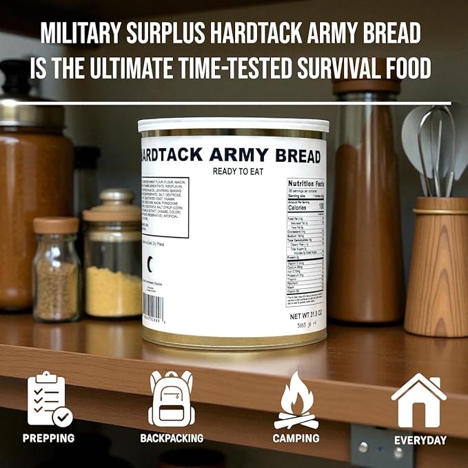 Military Surplus Freeze-Dried Hardtack Army Bread – 34 to 36 Hardtacks per Can (31.5 oz) – Ready to Eat – #10 Can – Long-Term Emergency Survival Food – 30+ Year Shelf Life – Made in USA – Ideal for Camping & Prepping Pack of 1