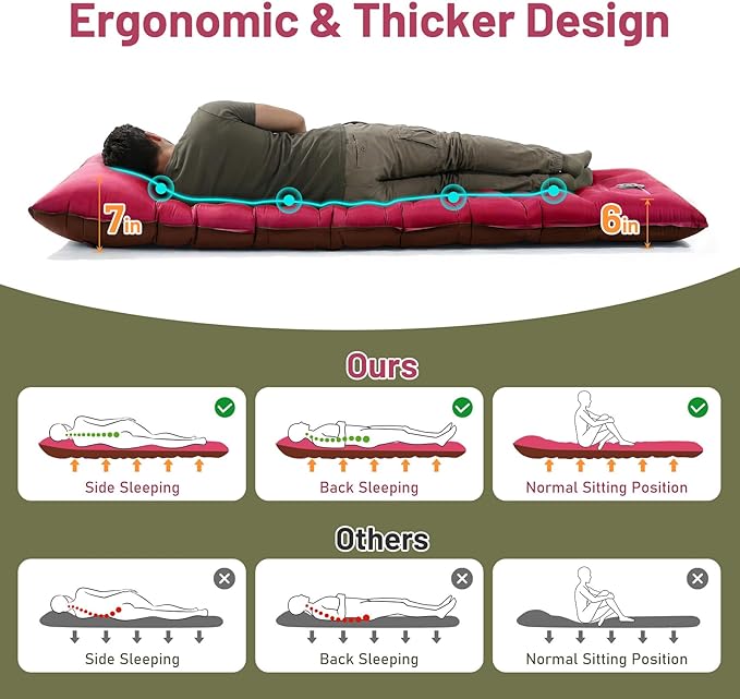 KASBAH Camping Sleeping Pad,Extra Wide 6 inch Thick Inflatable Sleeping Pads with Built-in Foot Pump and Pillow,Ultralight Camping Mat Gear for Outdoor Hiking,Camping
