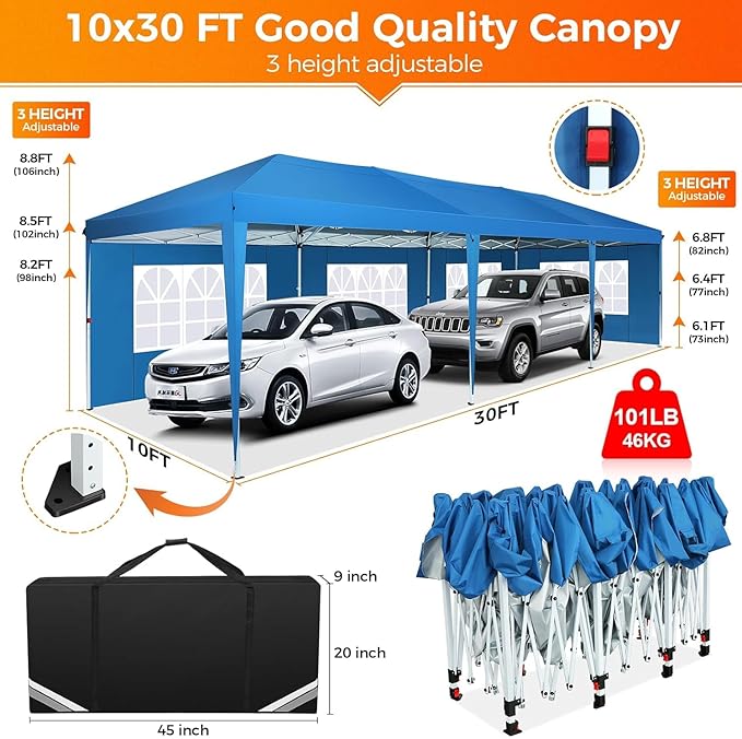 COBIZI 10x30 Pop Up Canopy Tent with 5 Sidewalls Party Tents for Parties Weddings Backyard Waterproof Commercial Instant Outdoor Events Tent with Stakes, Ropes,Sandbags（10 x 30 ft Blue