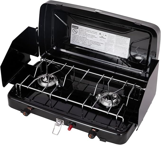 Camping Stove, 2 Burners Propane Portable Camp Stove with Regulator, Push-Button Instant Ignition, Adjustable Burners & Wind Guards for Car BBQ Picnics Outdoor Cooking