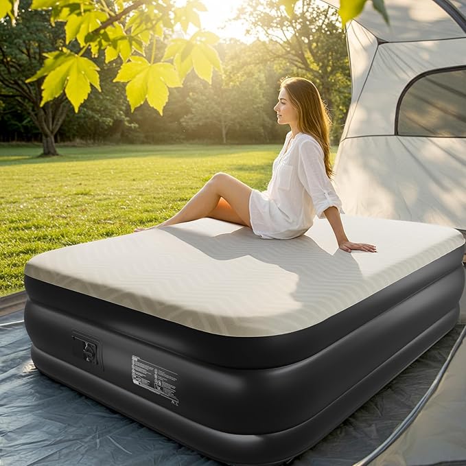 Outvita 18in Queen Air Mattress with Built-in Pump, Foam Topper Inflatable Air Bed Quick Assembly Comfort Luxury Blow Up Sleeping Mat for Guests and Home, Camping, Travel, 650lbs Weight Capacity