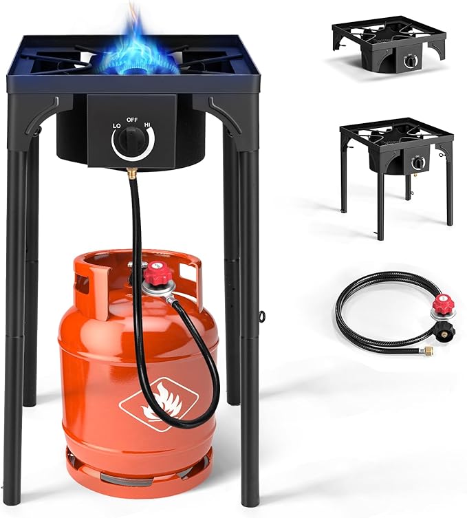 Karl home 1 Burner Propane Gas Stove for Outdoor Cooking, 75,000 BTU Camping Cooker with Removable Legs & Adjustable PSI Regulator for Backyard Cooking BBQ Baking Frying