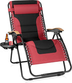 PHI VILLA XXL Oversized Padded Zero Gravity Chair, Foldable Patio Recliner, 30" Wide Seat Anti Gravity Lounger with Cup Holder, Support 400 LBS (Red)