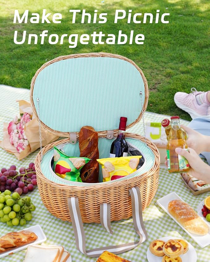 Picnic Basket Insulated with Lid, Extra Large Wicker Picnic Basket with Waterproof Insulated, Handwoven Portable Vintage Picnic Hamper 8.4 Gal(31.7L), Camping Outdoor Gifts Date, Natural