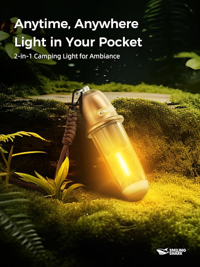 Smiling Shark Camping Ambient Lighting, XPE LED Small Tent Light with Lanyard Rechargable IPX4 Waterproof White & Warm Light Mode Wearable Portable Camping Lantern for Outdoor Hiking Emergency Picnic