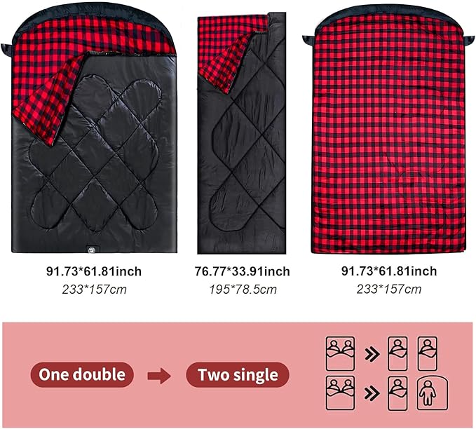 ShinHye Double Sleeping Bag for Adults with 2 Pillows, Camping Sleeping Bags Flannel Cotton 2 Person Sleeping Bags XXL Queen Size Sleeping Bag for Cold Weather