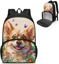 Corgi Floral Elementary Middle High Student Backpack All-In-One Laptop Backpack Computer Bag Meal Prep Backpack Cute Kids Dayback for Picnic Travel Camping Outdoor Casual