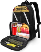 School Bus 17 Inch Kids Casual Backpacks with Insulated Cooler Lunch Compartment Lightweight Elementary Students Knapsack Primary Middle High School Bookbag