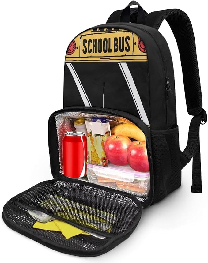 School Bus 17 Inch Kids Casual Backpacks with Insulated Cooler Lunch Compartment Lightweight Elementary Students Knapsack Primary Middle High School Bookbag