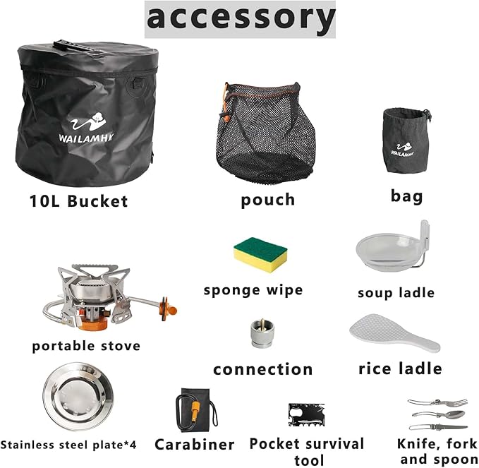 Camping Cookware Mess Kit with 3500W Stove, 7L Hanging Pot, 10L Water Bucket & Tableware Set for Outdoor Camping & Hiking