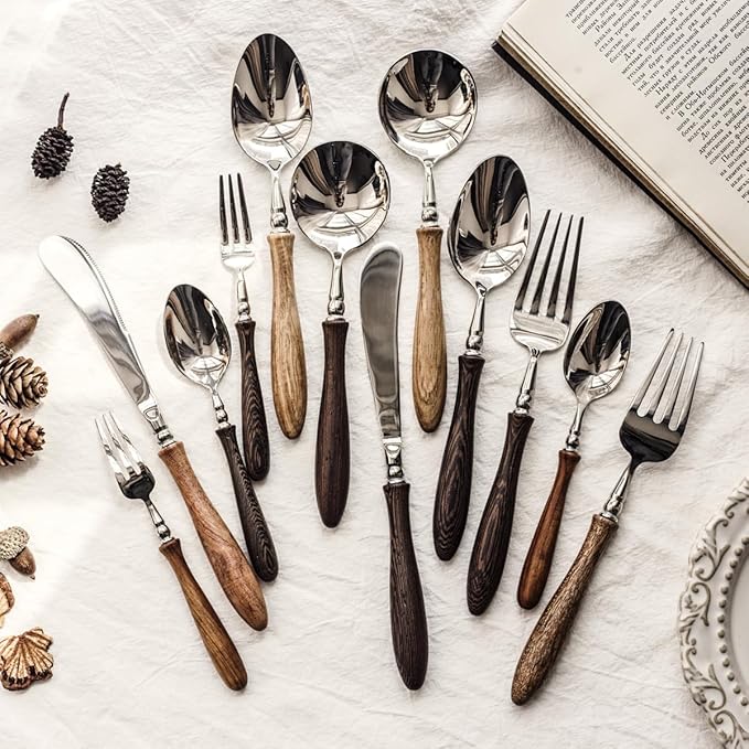 20 Piece Silverware Set Service for 4,Premium Wooden Handle 18 8 Stainless Steel Flatware Set Home Include Fork Knife Spoon Set Gift Package for Christmas and Thanksgiving（Dark Brown)