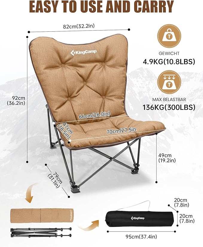 KingCamp Folding Comfy Butterfly Chair Oversized Padded Camping Chairs for Adults Comfortable Camp Chair 300lbs Heavy Duty with High Back for Outdoor Lawn Patio Bedroom Living Room Dorm