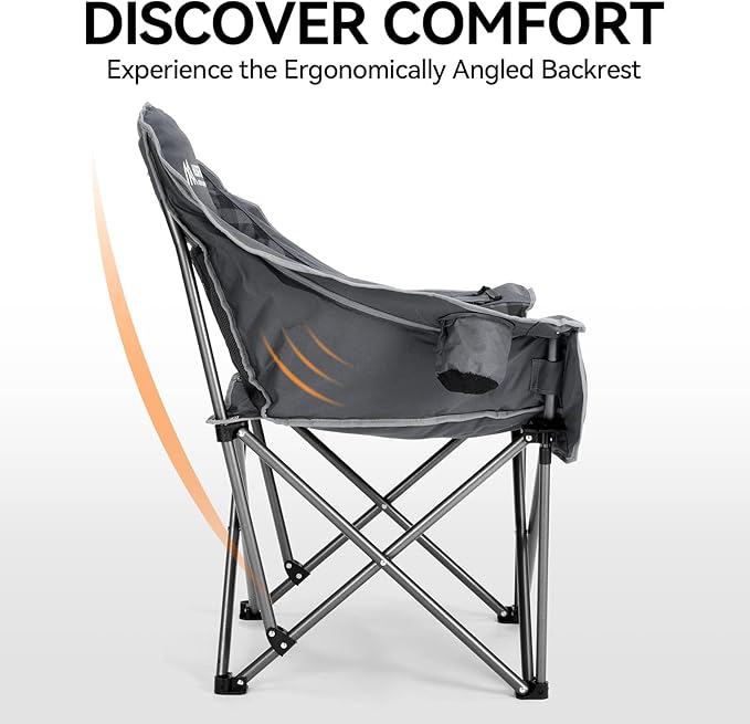Oversized Camping Chair Padded Camping Chairs Heavy-Duty Foldable Camping Chairs with Cup Holder and Cooler Bag Portable Lawn Chair for Sports Outdoors-Support 450LBS, Grey