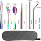 Travel Utensils Set with Case Reusable Portable Cutlery Set Stainless Steel 8pcs Including Dinner Knife Fork Spoon Chopsticks Straws(Rainbow)