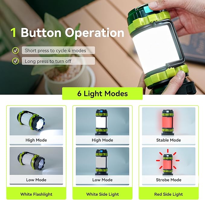 AlpsWolf Rechargeable Flashlight, 6 Modes Camping Flashlight LED Camping Lantern for Power Outage, Flashlight for Home, Emergency, Green