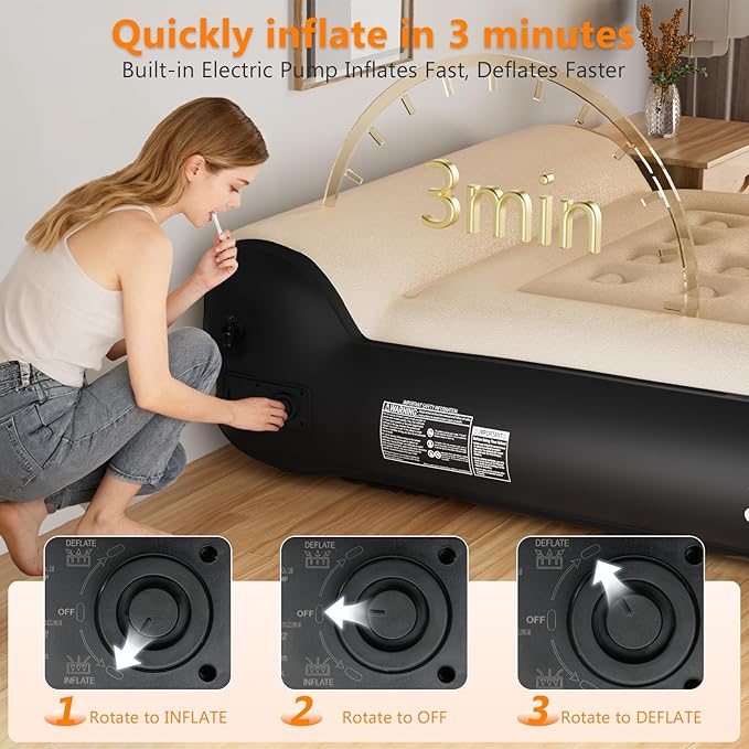 Queen Air Mattress Full with Built in Pump for Camping 16" High Speed Inflatable Mattress Inflation Completed in 3 Minutes, Luxury Blow up Mattress Comfort Flocked Airbed for Guest,Home