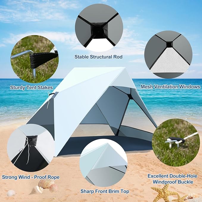 Pop Up Beach Tent for 2/3/4 Person with UPF 50+ UV Protection, Lightweight & Easy Setup Beach Shade Canopy, Wind-Resistant Shelter Portable Cabana for Family Outdoor Picnics Fishing