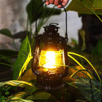 Hortsun 8 Pcs 8 Inch Vintage LED Hurricane Lantern Metal Black Outdoor Battery Operated Hanging Lantern with Warm LEDs and Dimmer Switch for Indoor Rustic Farmhouse Country Camping Decor