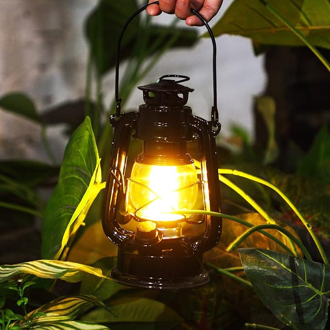 Hortsun 4 Pcs 8 Inch Vintage LED Hurricane Lantern Metal Black Outdoor Battery Operated Hanging Lantern with Warm LEDs and Dimmer Switch for Indoor Rustic Farmhouse Country Camping Decor