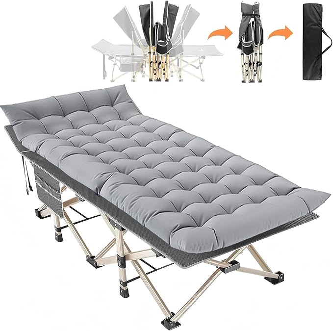 Folding Camping Cot for Adults - Heavy Duty Sleeping Cots with Carry Bag, Double Layer Oxford Portable Travel Camp Cots for Outdoor Camp Beach Home Office (Gold Frame with Gray Pad, 1PACK)