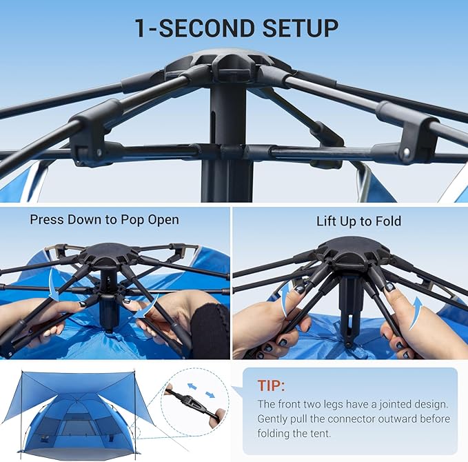 Elegear Beach Tent with Canopy, 1-Second Setup Pop Up Sun Shelter Shade, UPF 50+ UV Protection Silver-Coated Lightweight Portable Beach Cabana