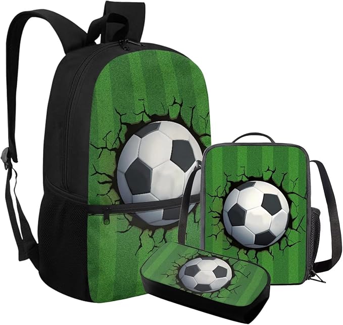 Rnyleeg Football Backpack for Boys 8-12 Green Kids Backpack with Lunch Bag Lightweight 3 Piece Book Bag Set for Elementary School Back to School Supplies Set