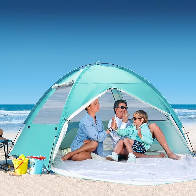 COVACURE 2026 New Upgraded Beach Tent Sun Shelter - UPF 50+ UV Protection Beach Shade for 3-4 Person, Waterproof & Lightweight, Easy Setup Portable Sun Canopy for Camping, Fishing, Beach (Green)