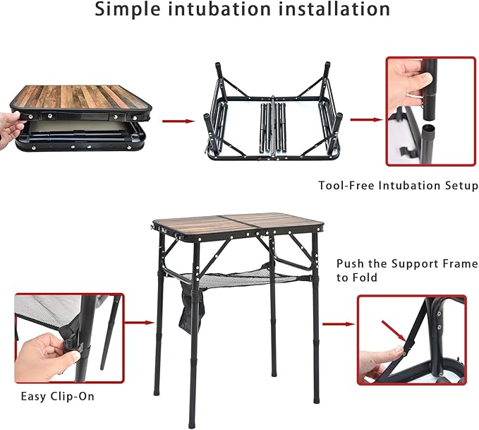 Mini Folding Camping Table - 2ft Lightweight Adjustable Height with Carry Handle, Anti-Stain Desktop for Outdoor Glamping/Picnic/Patio & Indoor Decor (24" L×16" W)