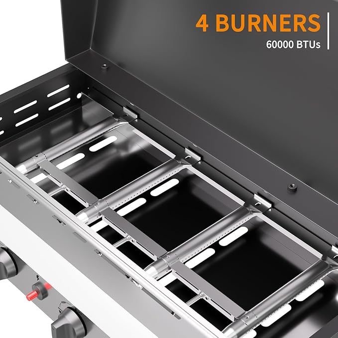 4 Burner Propane Griddle with Lid, 30 Inch Stainless Steel Portable Detachable Gas Griddle, 60,000 BTU Flat Top Grill with Side Shelves for Camping