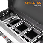4 Burner BBQ Gas Griddle with Hood, 30 Inch Stainless Steel Portable Detachable Propane Griddle, 60,000 BTU Flat Top Barbecue Grill with Lid for Camping